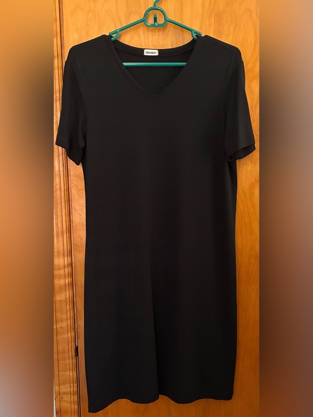 Danskin Black Wrinkle-Free Packable Travel Midi Sheath Dress with Short Sleeves